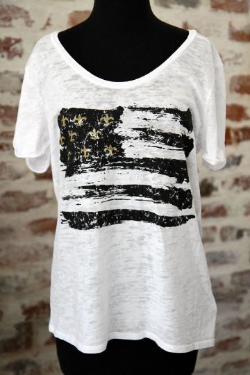 Black & Gold Fleur De Lis Flag Wide U Neck Burnout Tee
